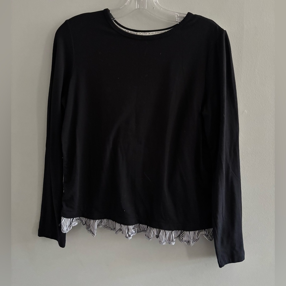 kate spade Broome Street Black Long-Sleeve Top Striped Ruffled Hem Sz. S Luxe